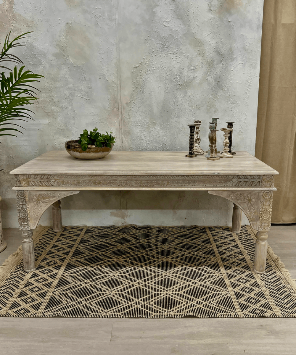 Niktan Export Cream Hand Carved Indian Table / Desk - NikTan Export
Exquisite Hand-Carved Mango Wood Table – Front View