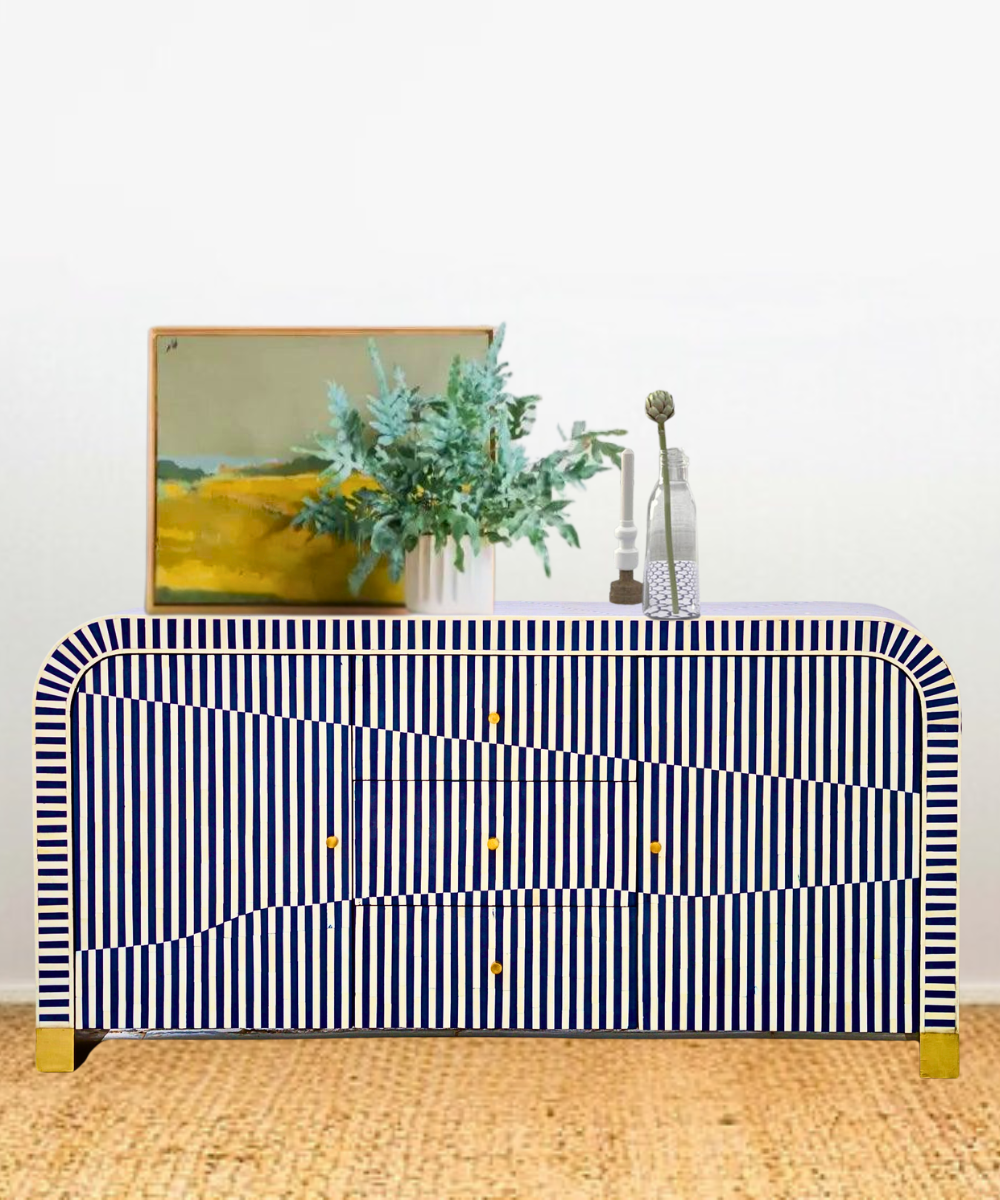 Niktan Export Bone Inlay Curved Sideboard - Navy Blue Stripe, 3 Drawers & 2 Doors