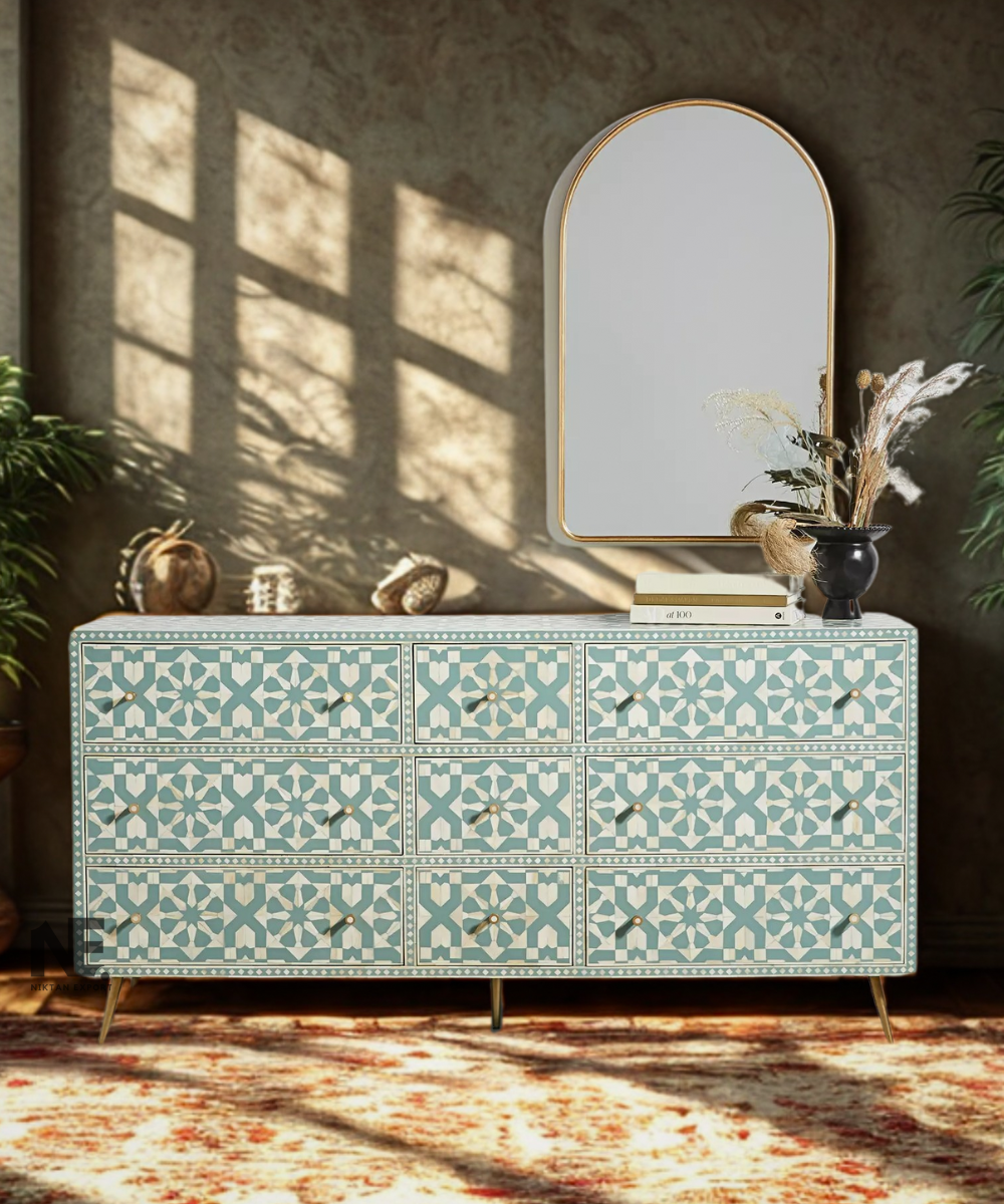 Front view of Bone Moroccan Inlay 9-Drawer Dresser by Niktan Export