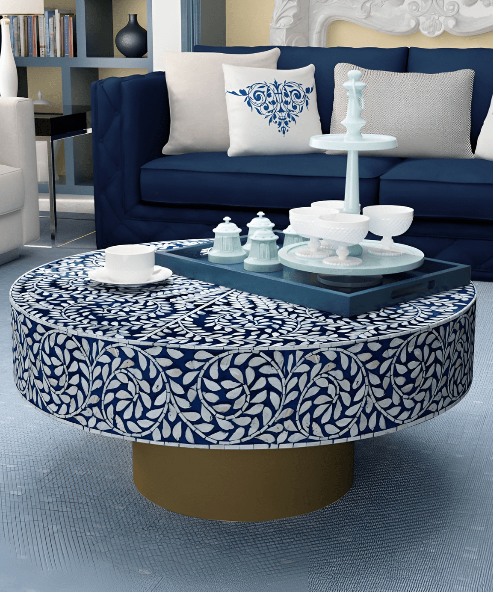Niktan Export Mother of Pearl Coffee Table Oceanic Bliss Handcrafted - NikTan Export
Handcrafted Mother of Pearl accent table – front view