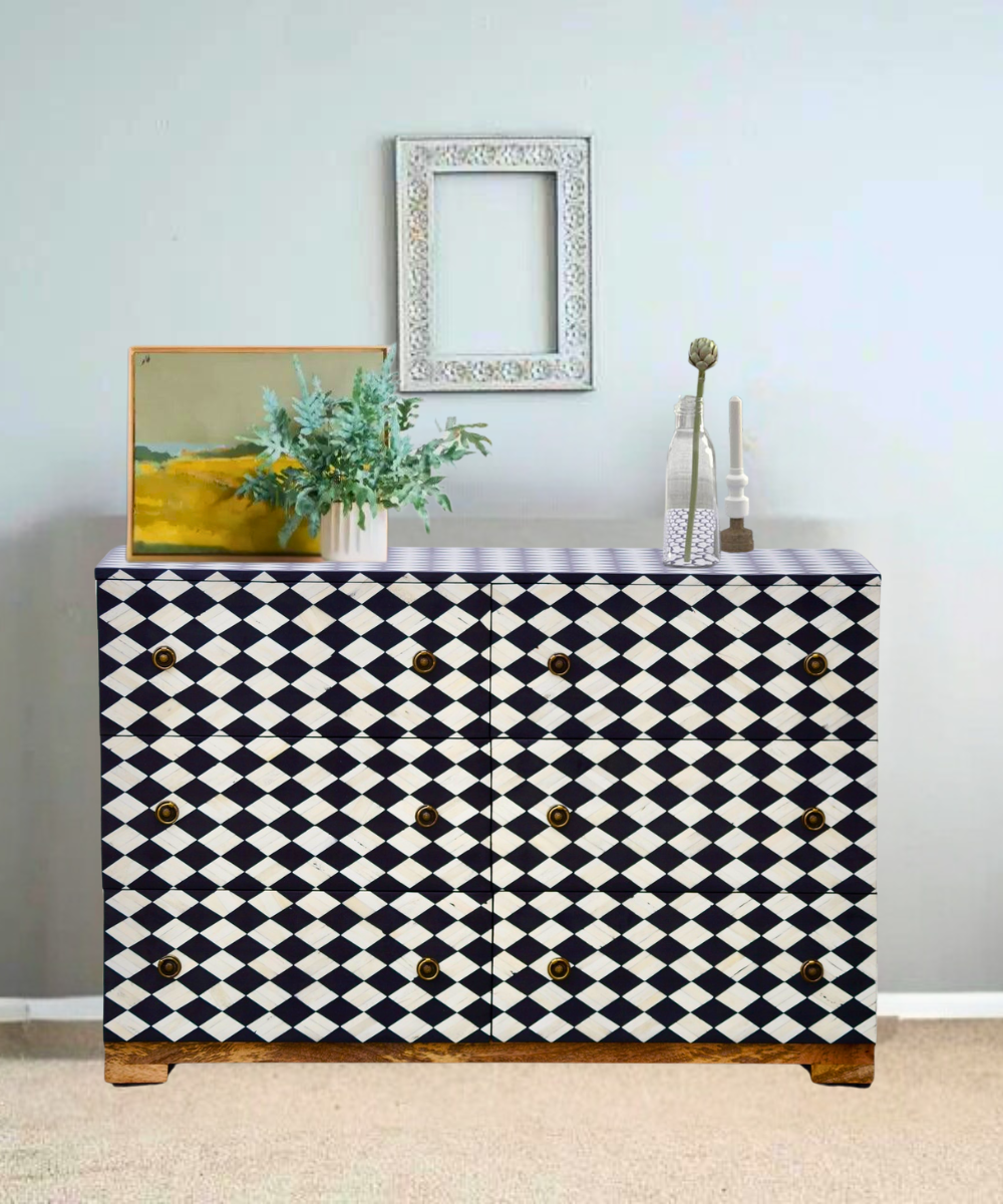 Full front view of Bone Inlay 6 Drawer Chest in black diamond pattern