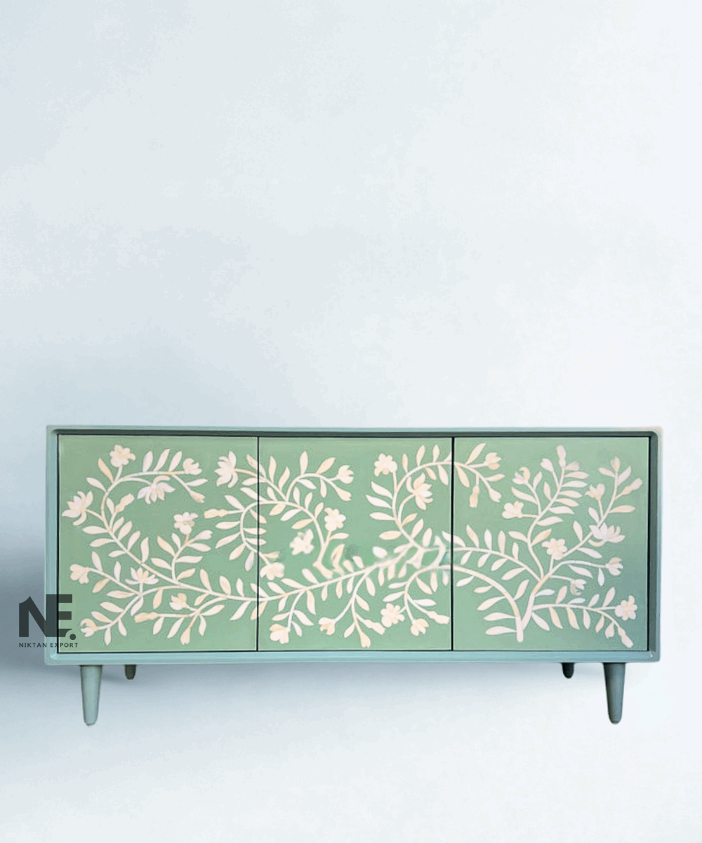 Sage Green Bone Inlay Media Console – Handcrafted Floral Entertainment Unit