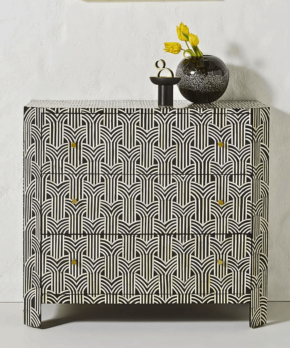 Niktan Export Bone Inlay Chest of Drawers Chic Design Classic Black Finish - NikTan Export
Chic Black Bone Inlay Chest – Front View