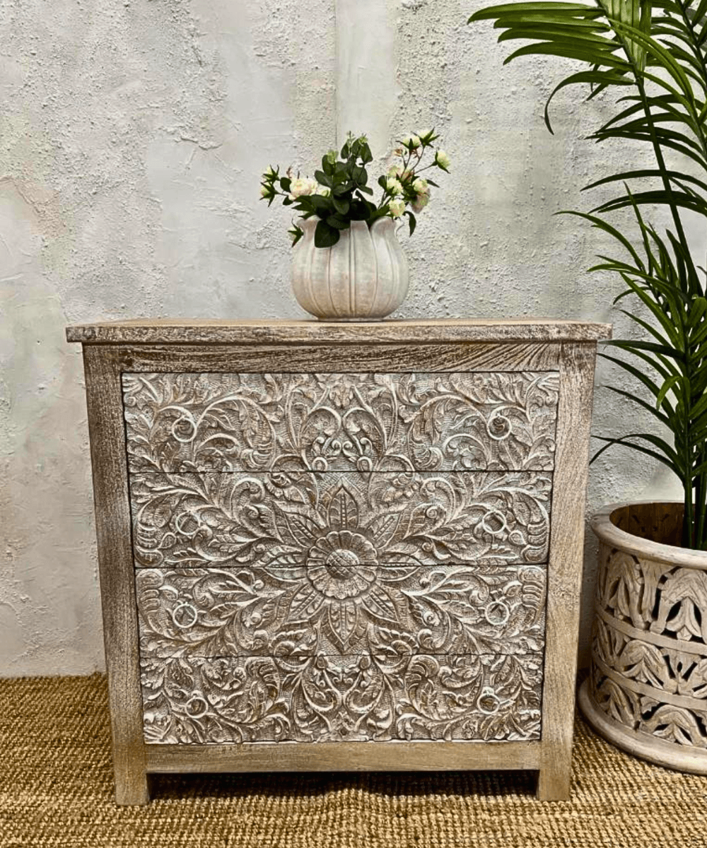Niktan Export Artisan-Crafted Mango Wood 4-Drawer Chest of Drawers - NikTan Export
Full front view of the 4 drawer mango wood chest with petal carvings