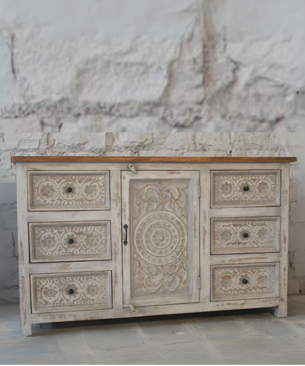 Solid Wood Cabinet with Indian Floral Carvings