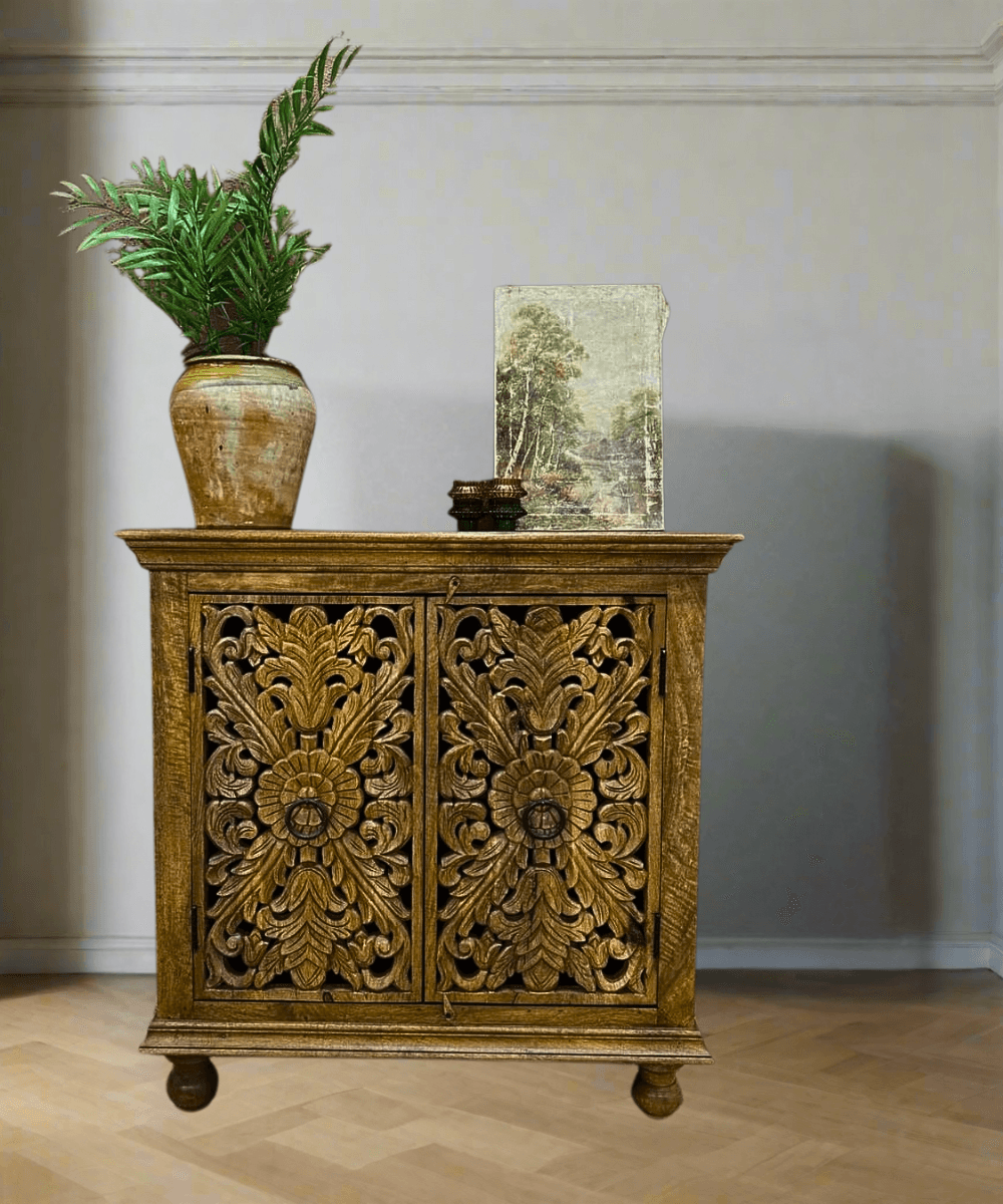 Niktan Export Wooden Mango Wood Sideboard Exquisite Hand Carved Intricate - NikTan Export
Front view of intricate hand-carved mango wood sideboard
