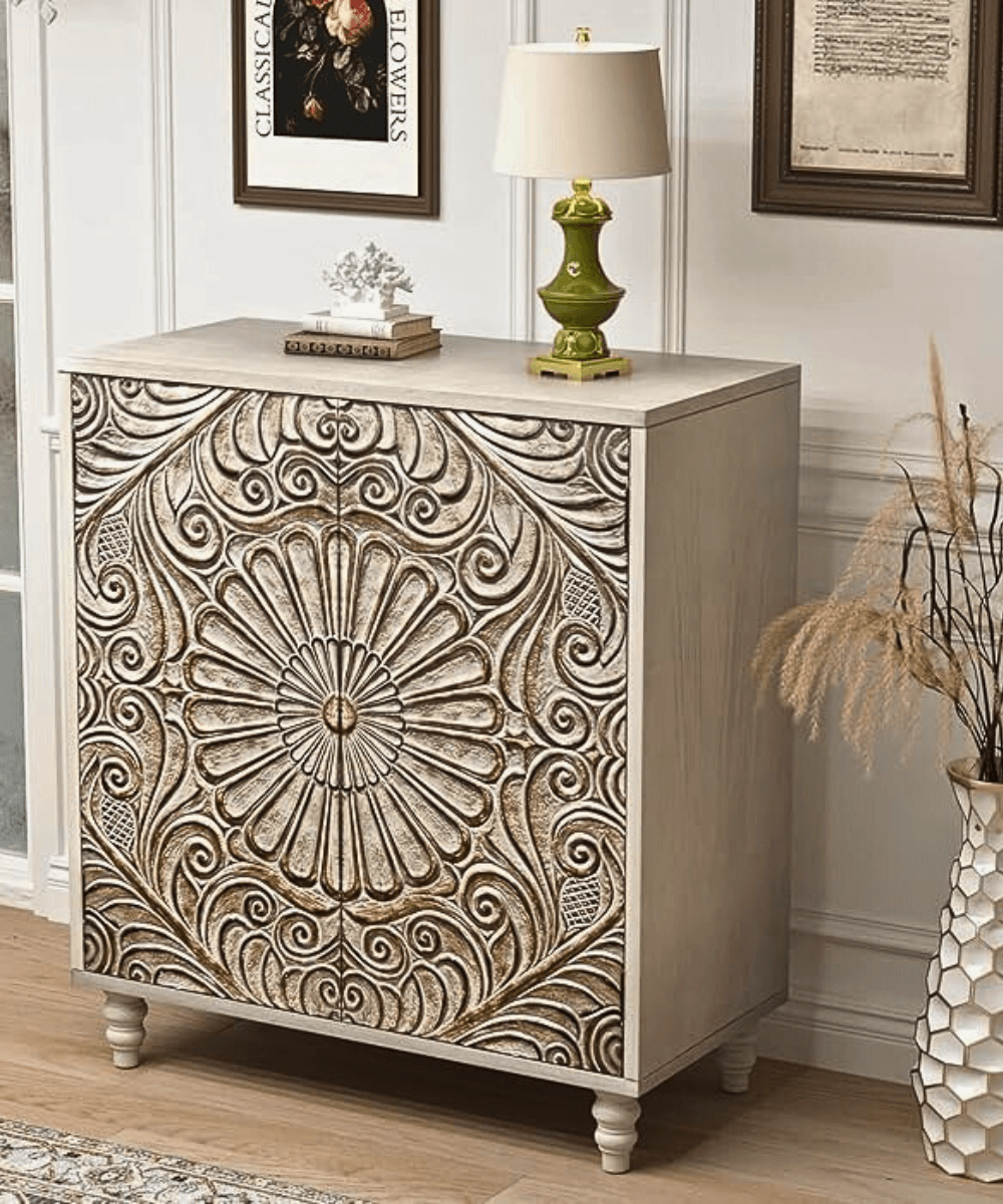 Close-up of detailed carved drawer fronts