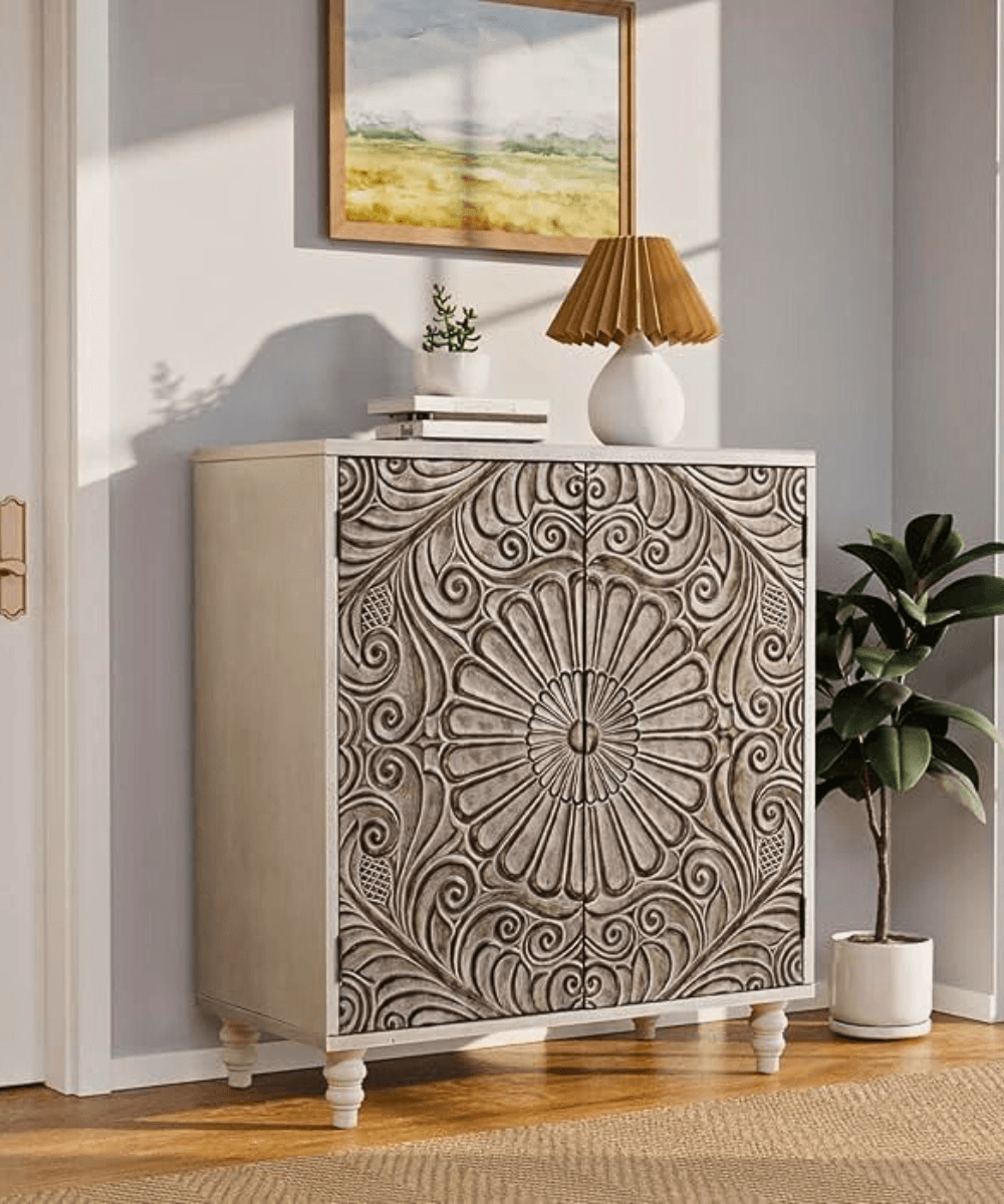 Front view of the Wooden Carved Storage Unit in white distressed finish