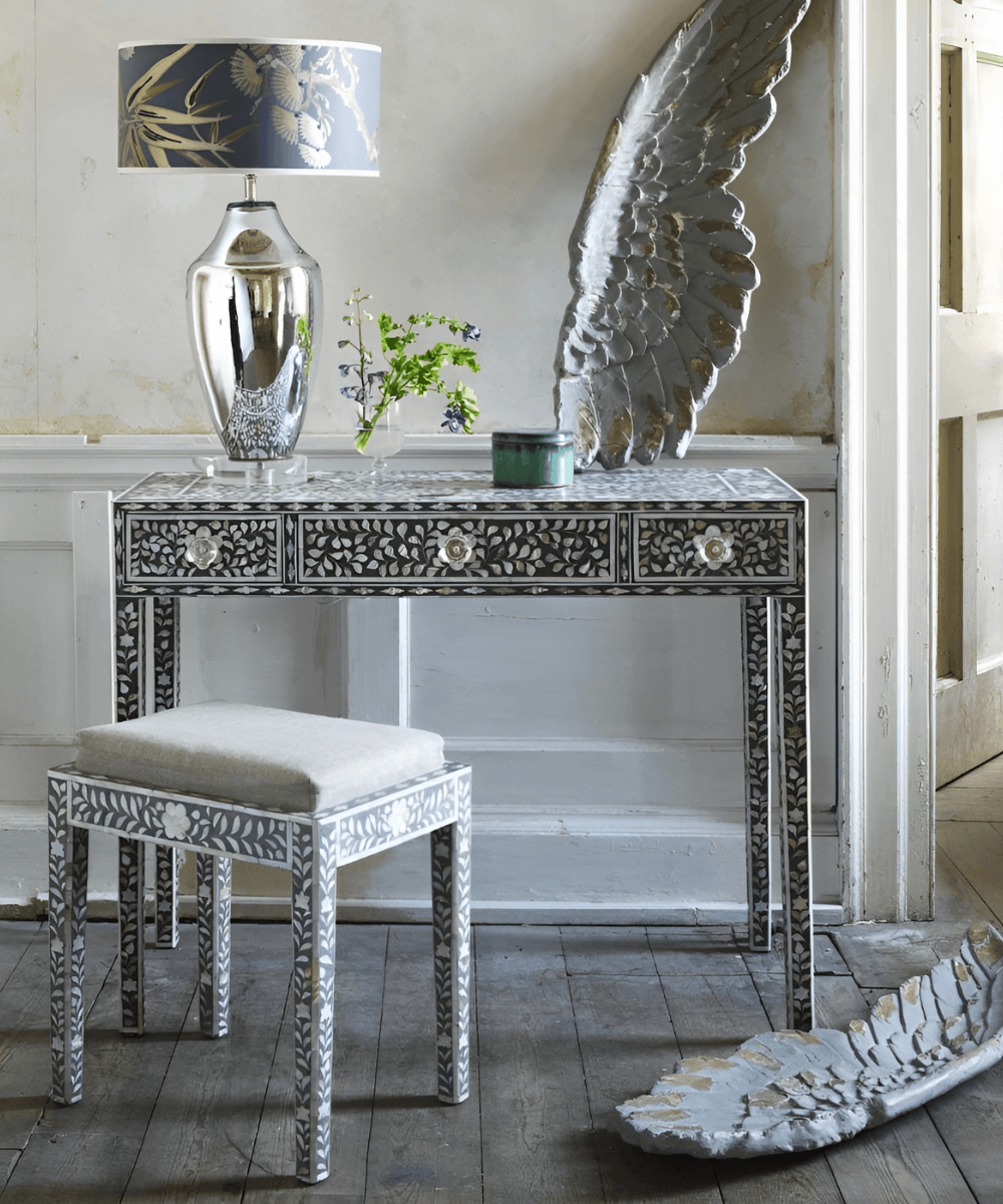 Niktan Export Mother of Pearl Inlay with Elegant Grey Mango Wood Dressing  Table Set