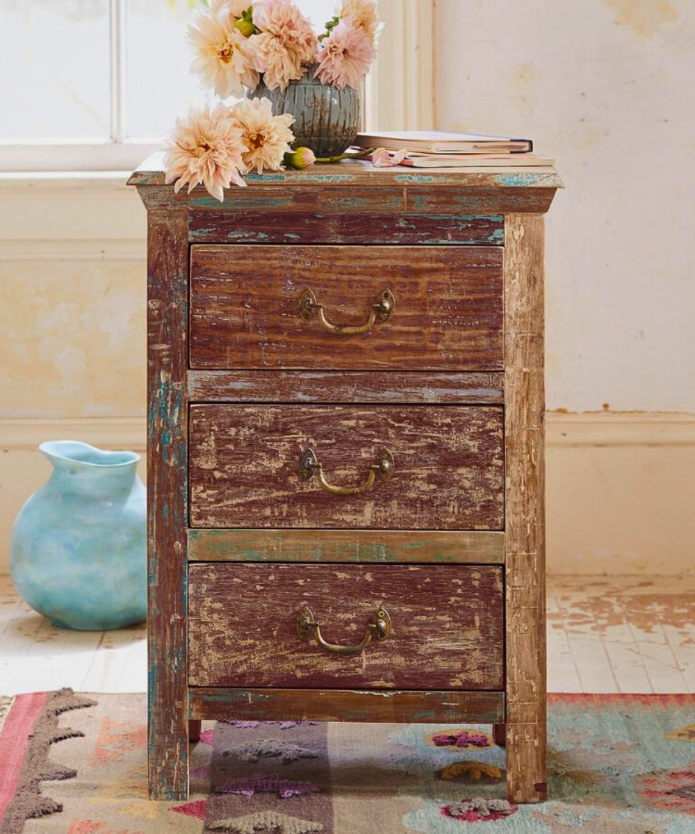 Handcrafted Rustic Wood Side Table with Three Drawers