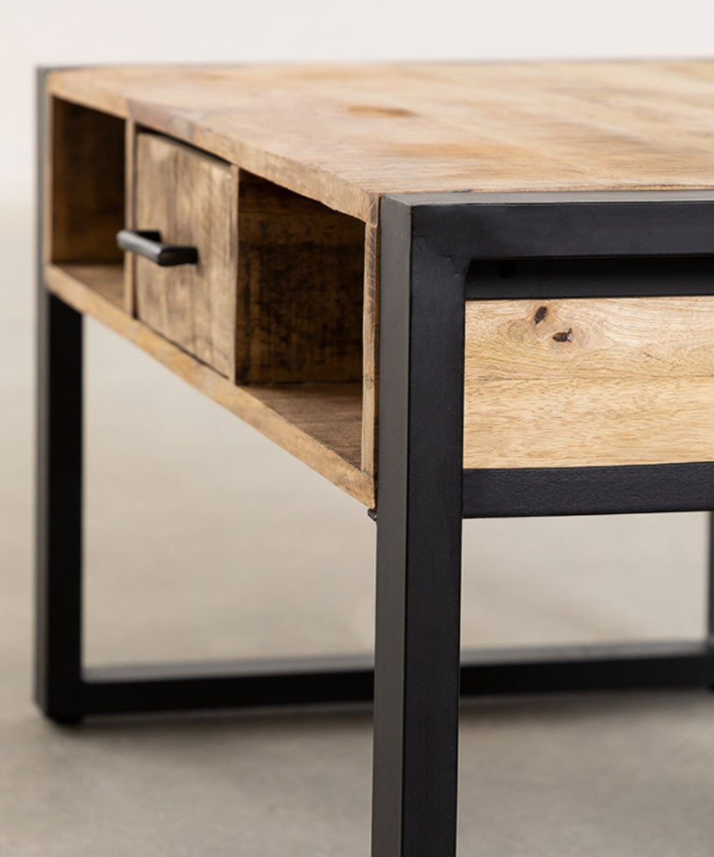 Close-up of acacia wood grain and tabletop surface