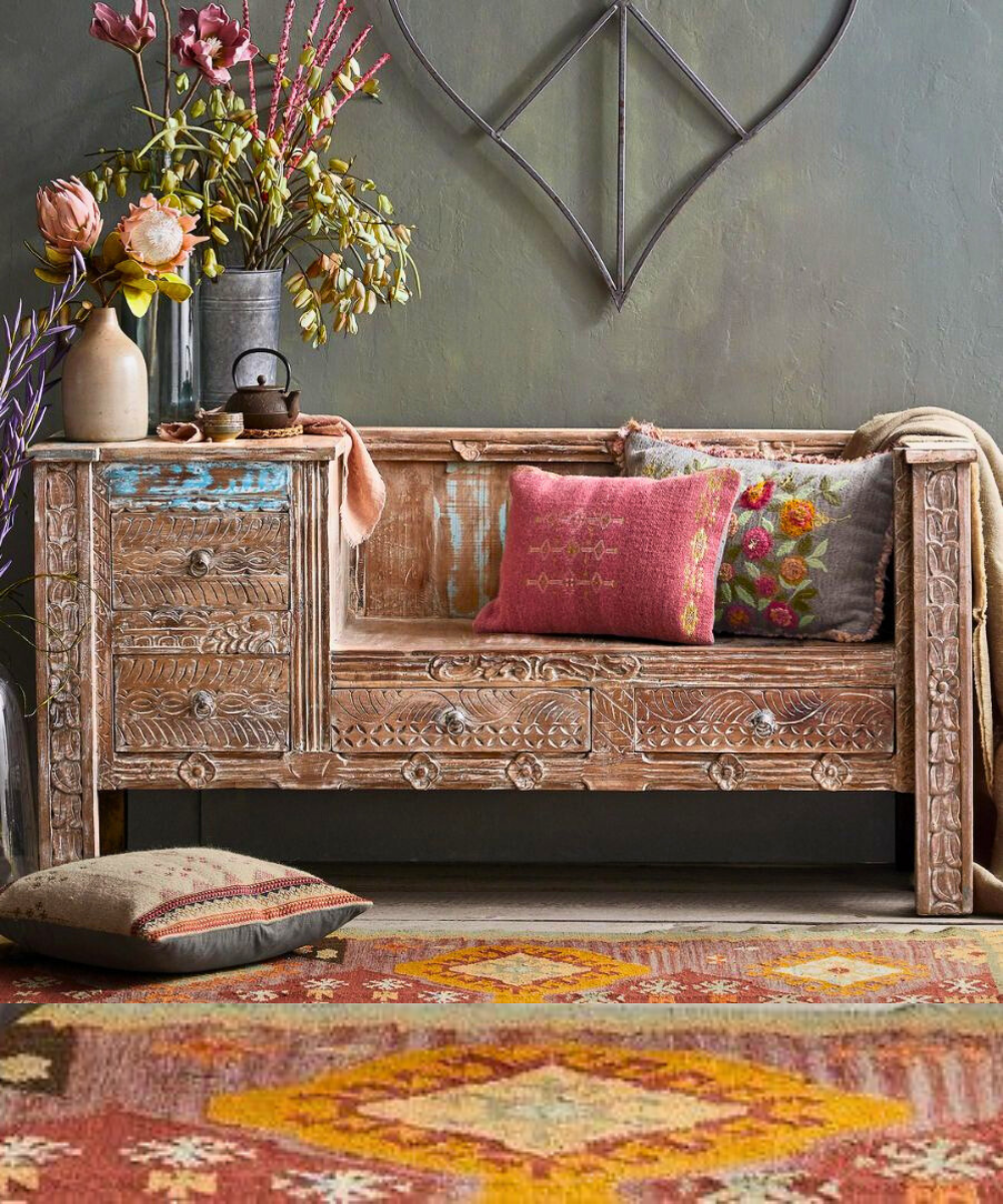 Rustic Reclaimed Wood Ranch Creek Bench with Storage Drawers
