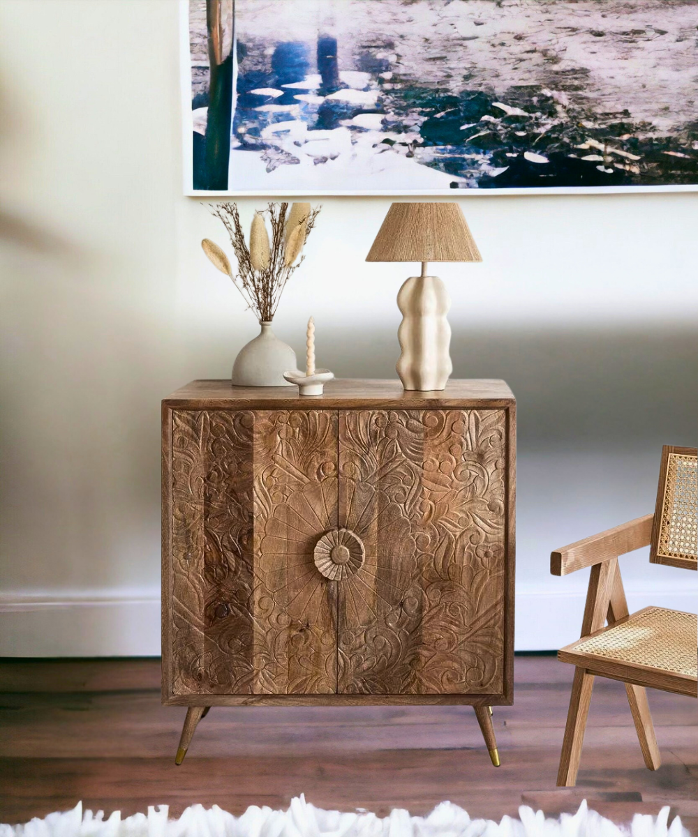 Front view of Benon Mango Wood Sideboard showcasing drawers and cabinet