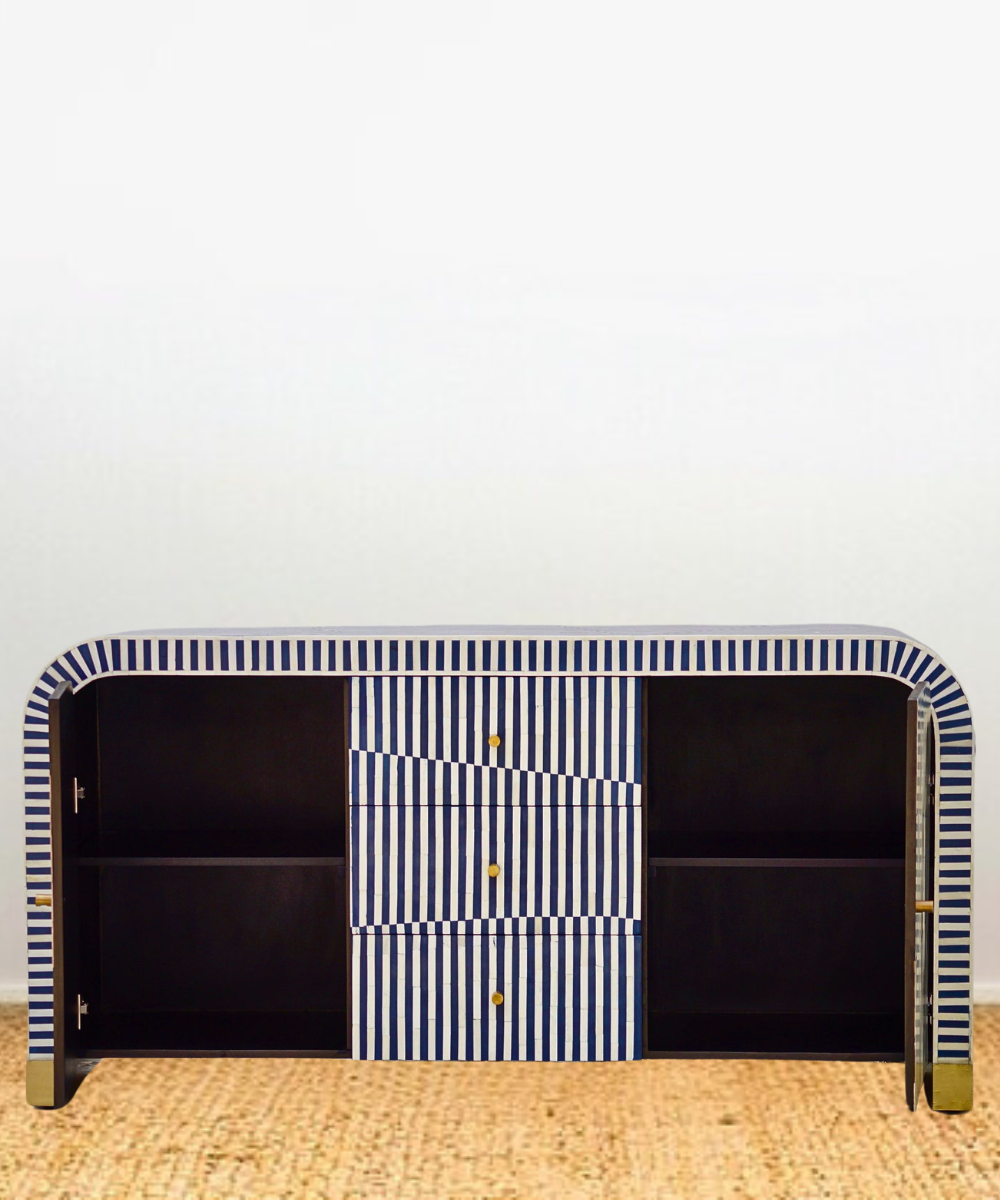 Niktan Export Bone Inlay Curved Sideboard - Navy Blue Stripe, 3 Drawers & 2 Doors