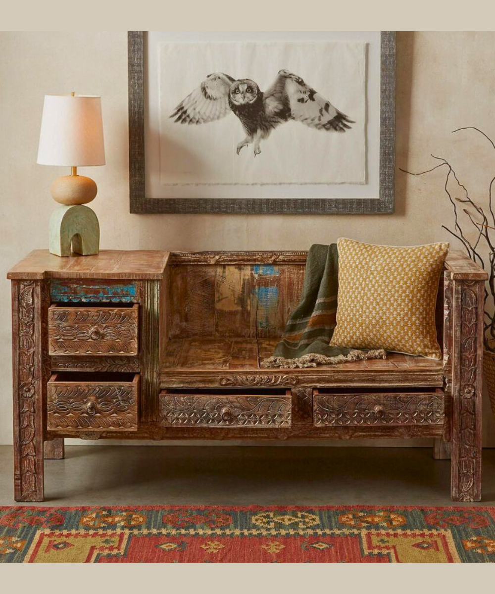 Handcrafted Wooden Bench with Natural Distressed Finish