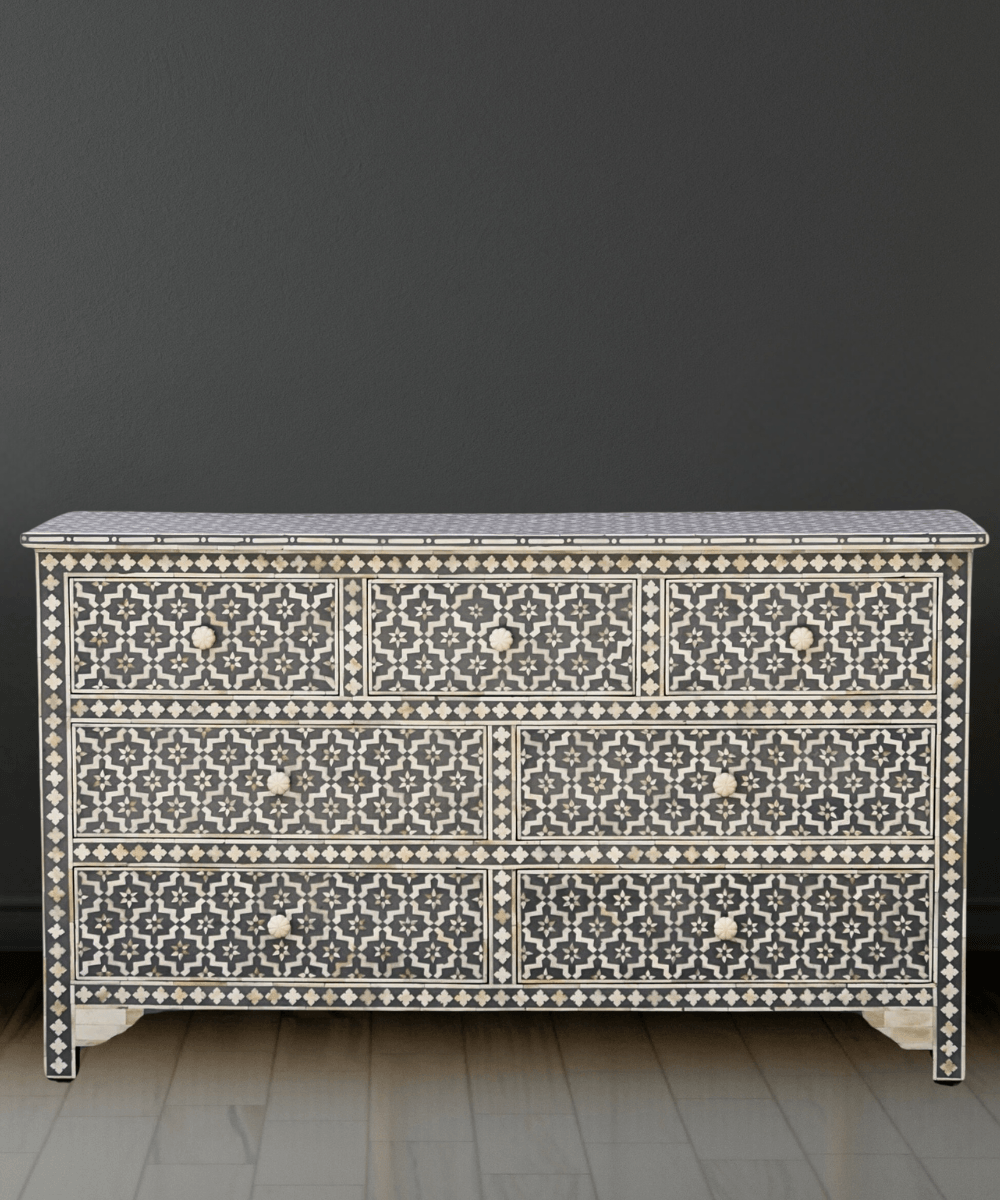 Niktan Export Grey Bone Inlay Drawer Chest of Drawers - NikTan Export
Grey Wallpaper Bone Inlay 7 Drawer Chest – Front View