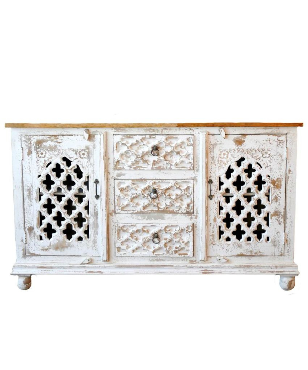 Close-Up of Carved Details on Mango Wood Cabinet