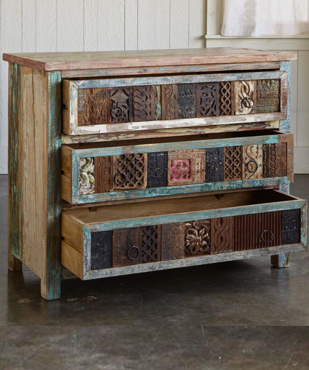 Rustic 3-Drawer Dresser with Unique Carved Wood Blocks
