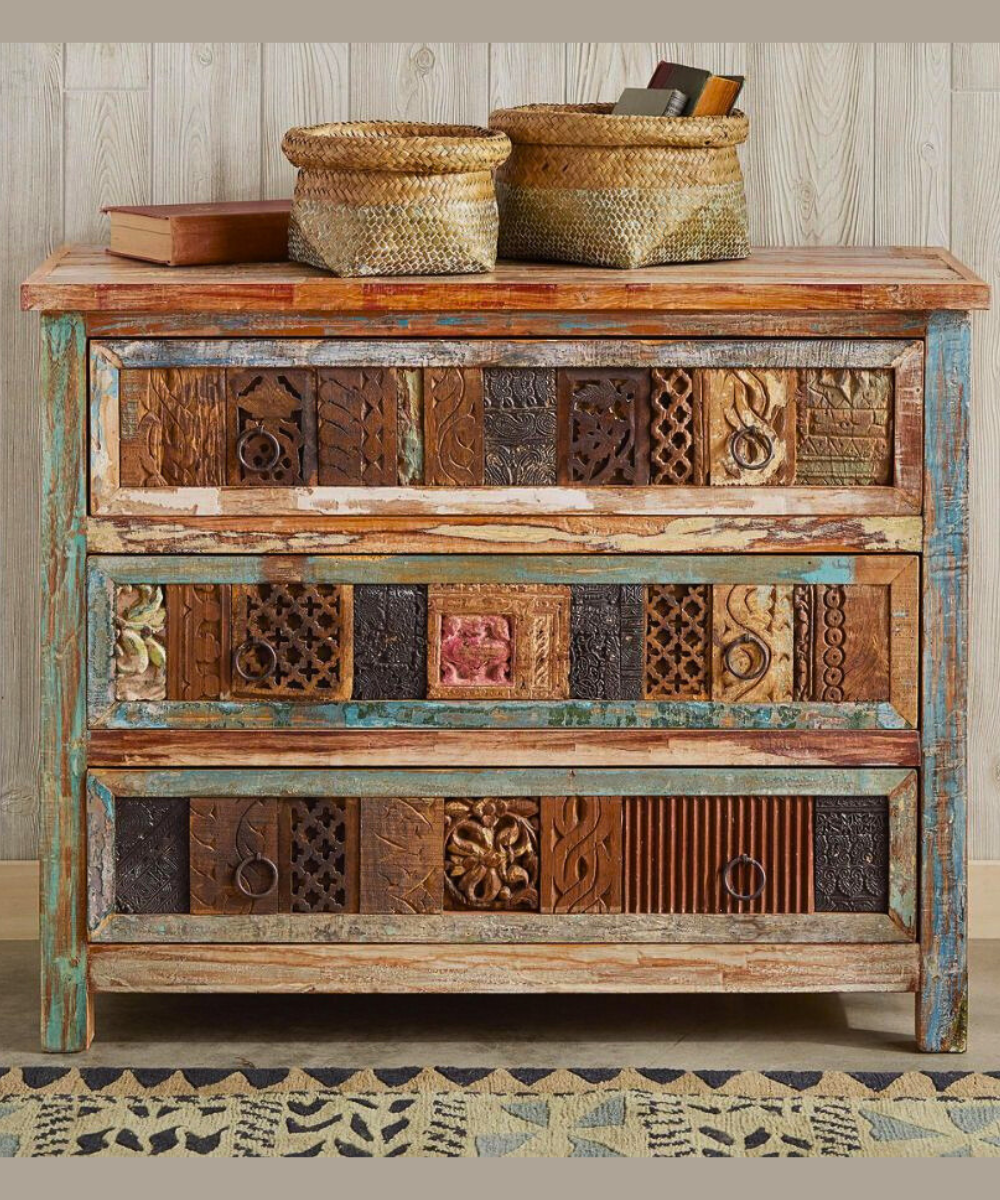 Handcrafted Reclaimed Carved Wood Dresser with Vintage Paint Traces