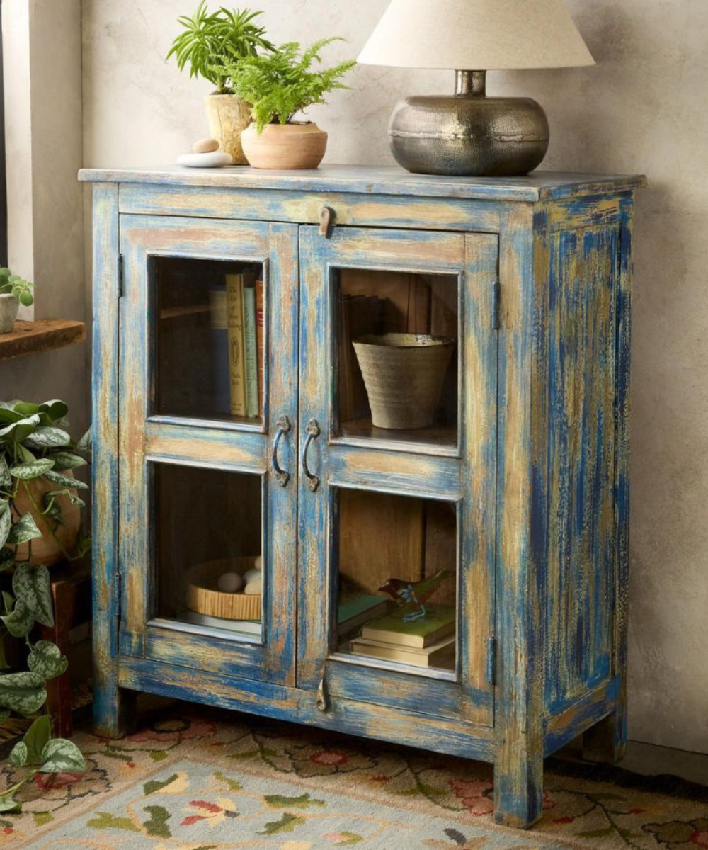 Hand-Carved Sunflower Detail on Reclaimed Wood Cabinet