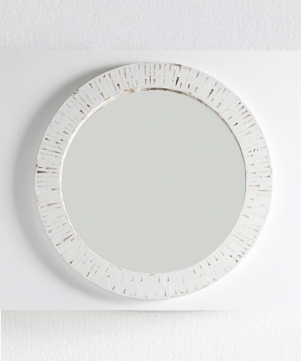 White MOP Mirror with Iridescent Frame Detail