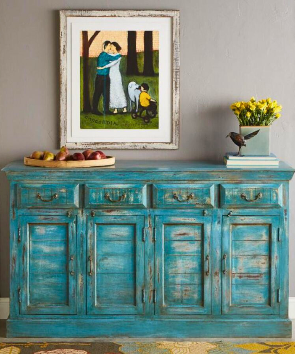Azura 4-Door Cabinet Buffet – Hand-Carved Turquoise Console