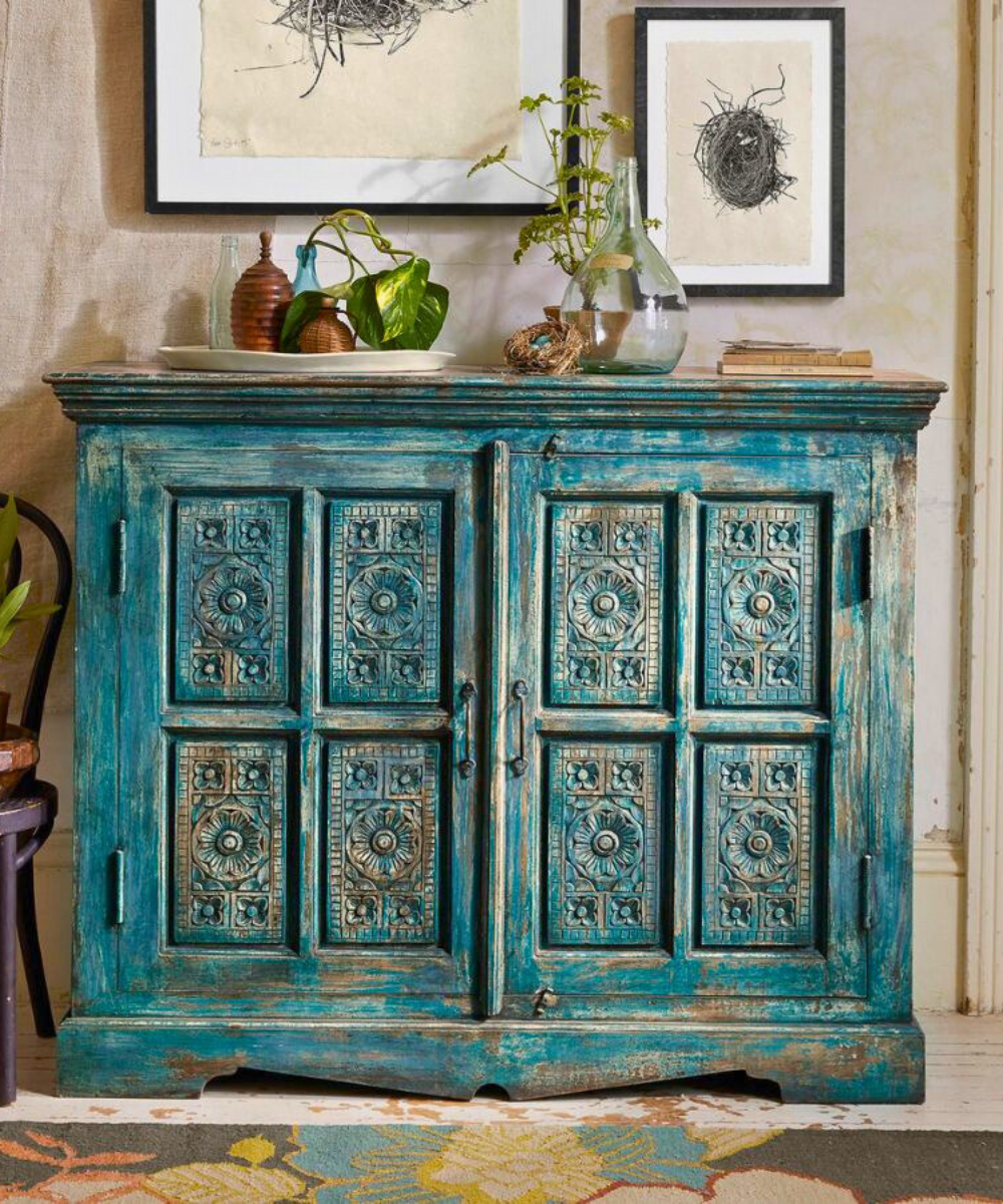 Hand-Carved Mango Wood Cabinet in Distressed Teal Blue Finish