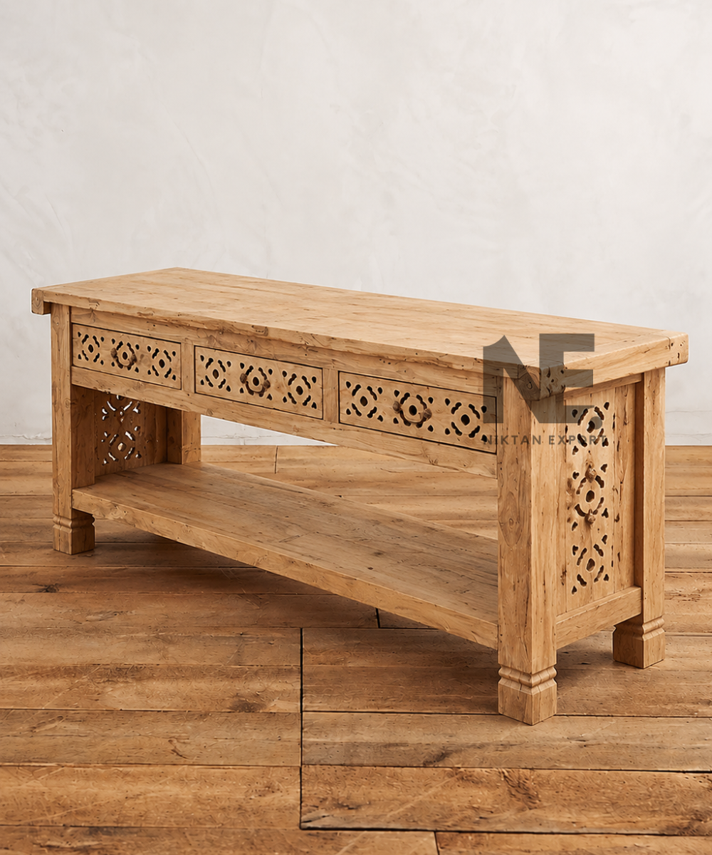 Front view of rustic wooden console table with lower shelf