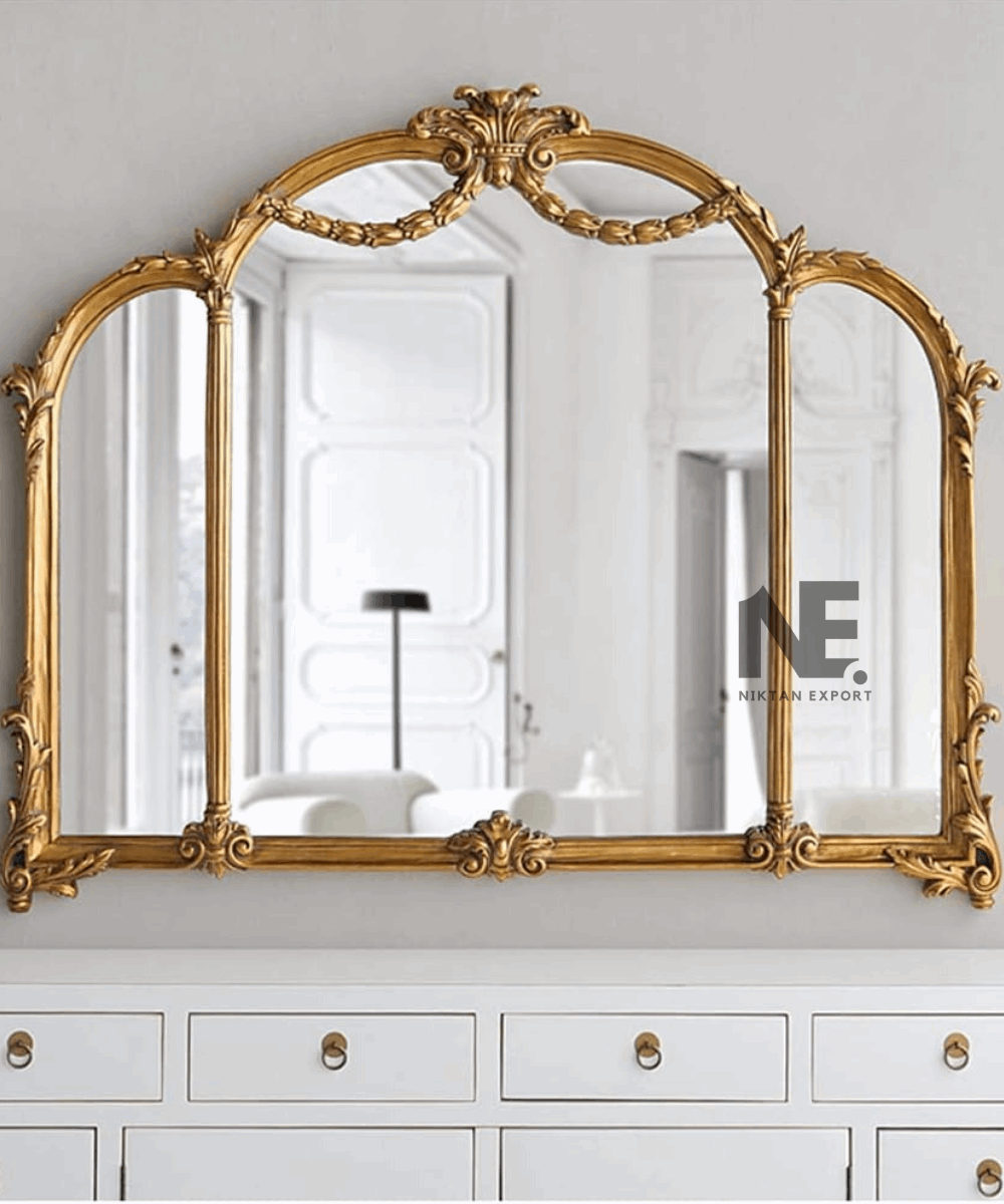 Front view of vintage triple gilded wall mirror