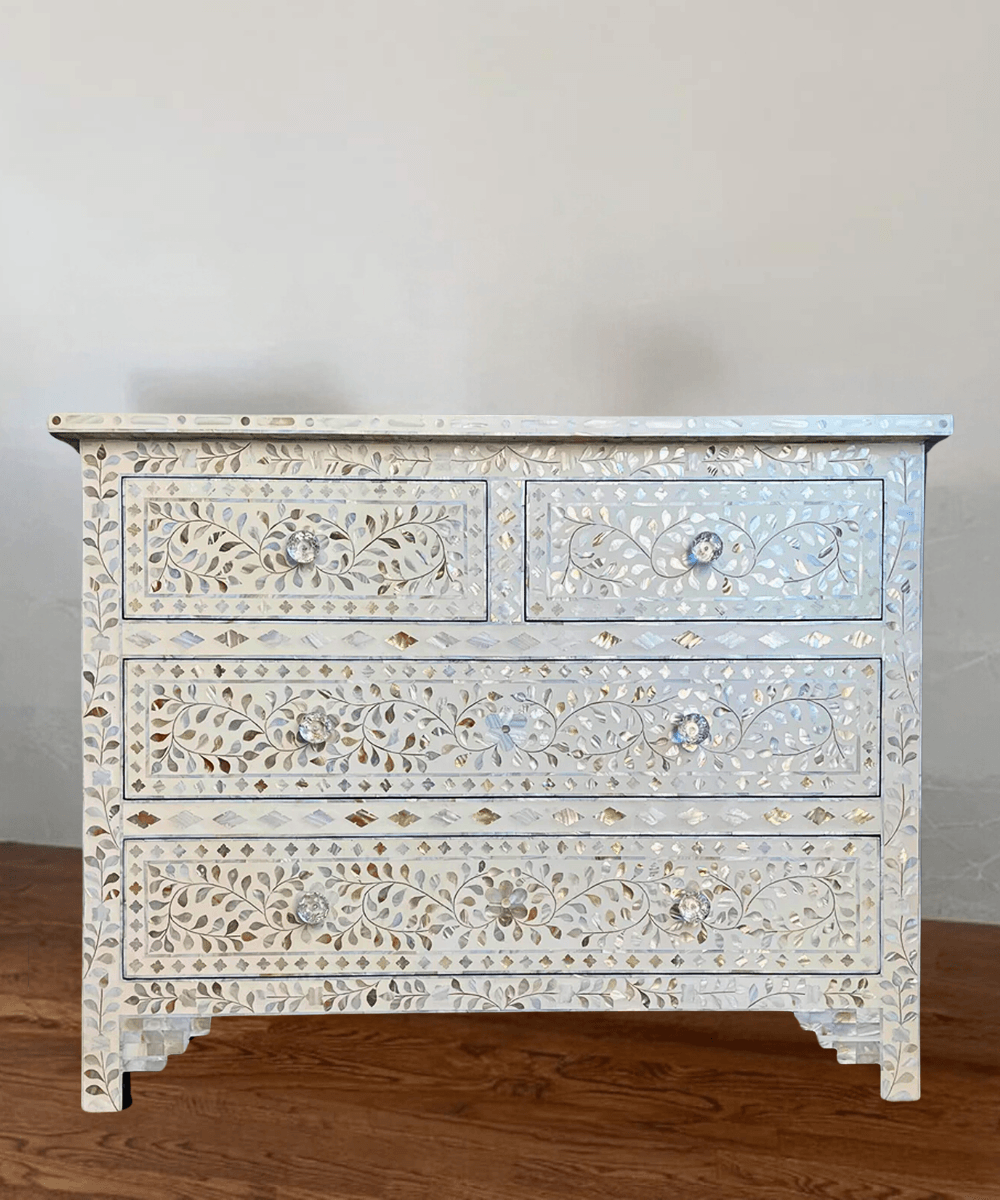 White Floral Mother of Pearl Inlay Chest of Drawers - Niktan Export