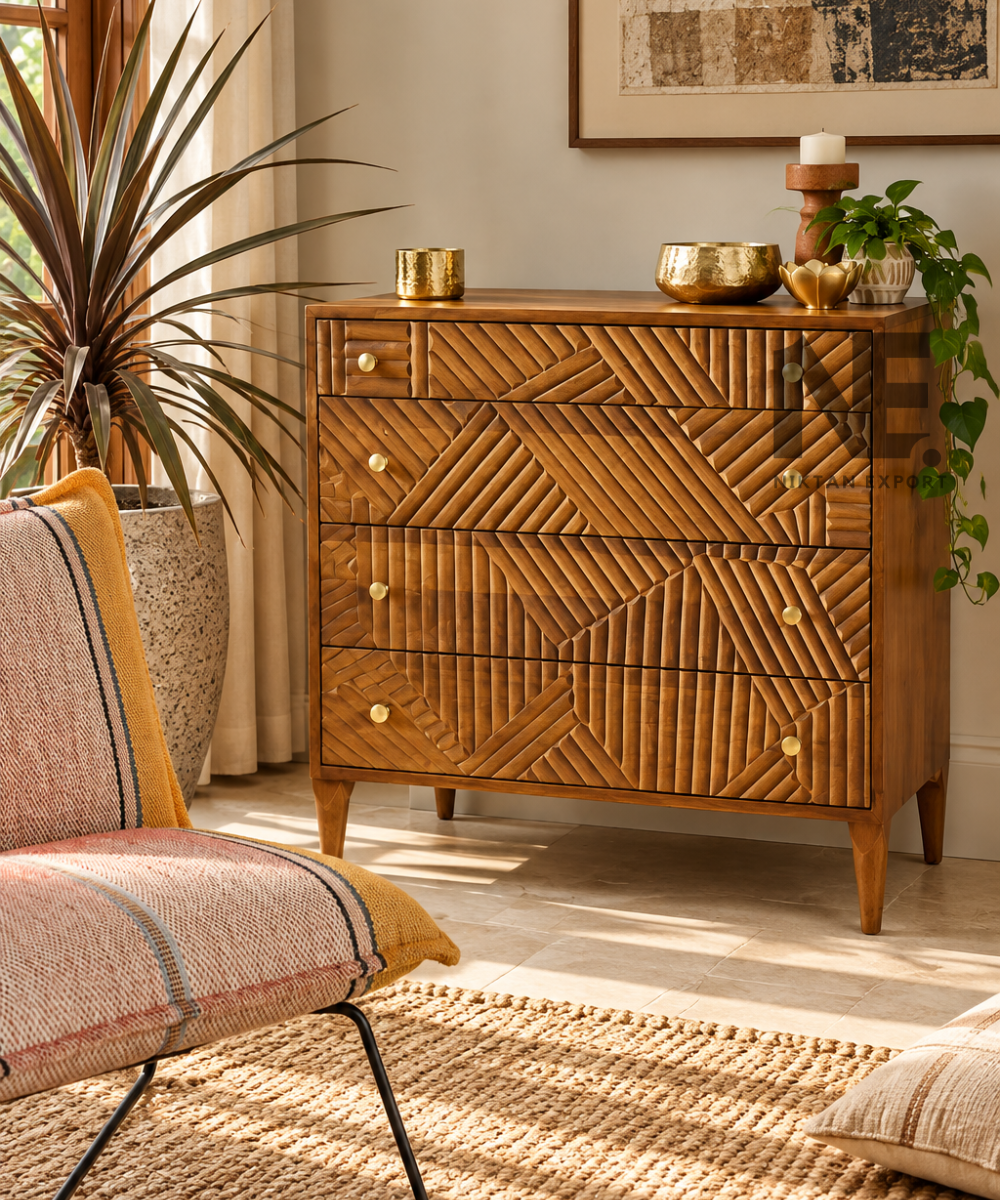 Geometric carved wooden dresser with four drawers