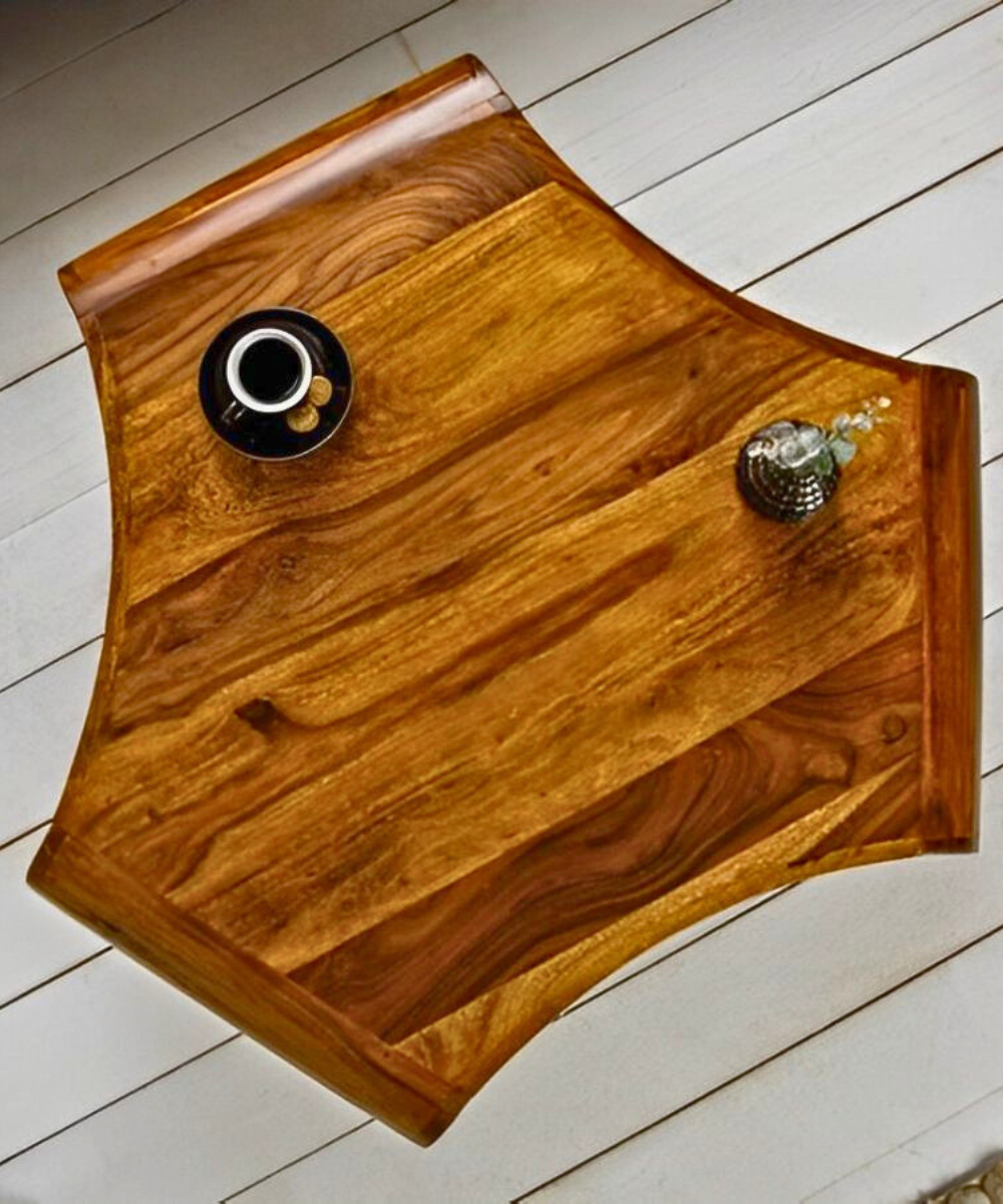 Close-up of the natural wood grain and varnished finish