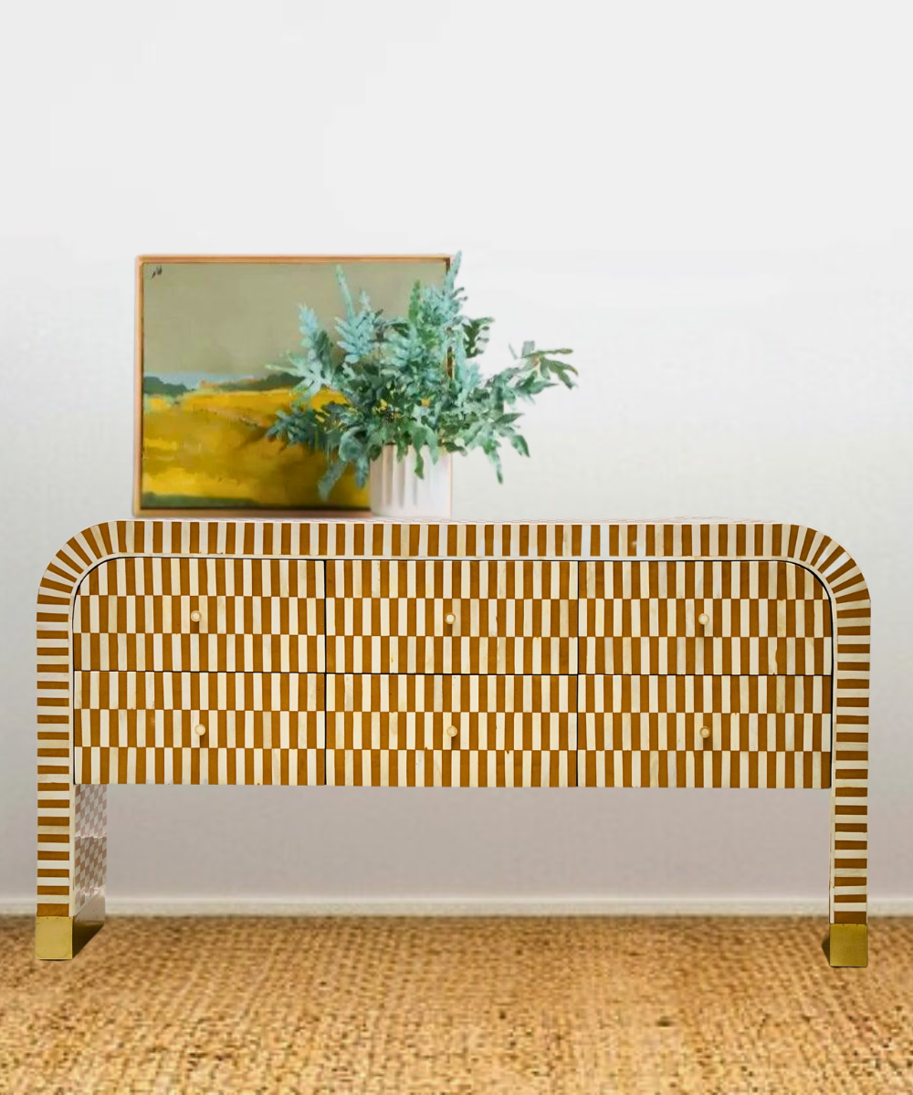 Bone Inlay Curved Console – Almond Stripe Front View