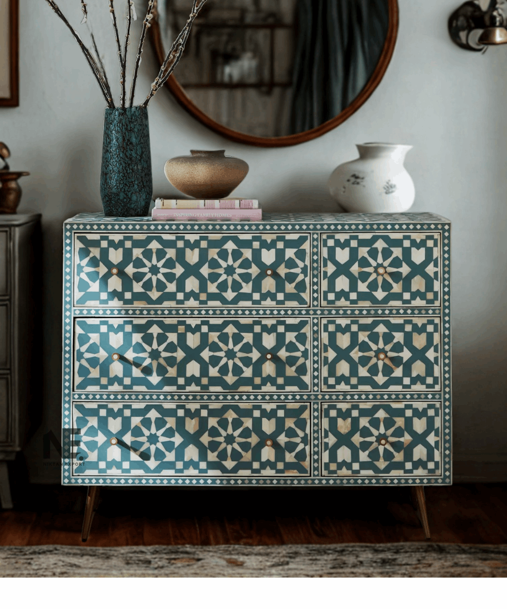 Moroccan bone inlay dresser – front view showing six drawers