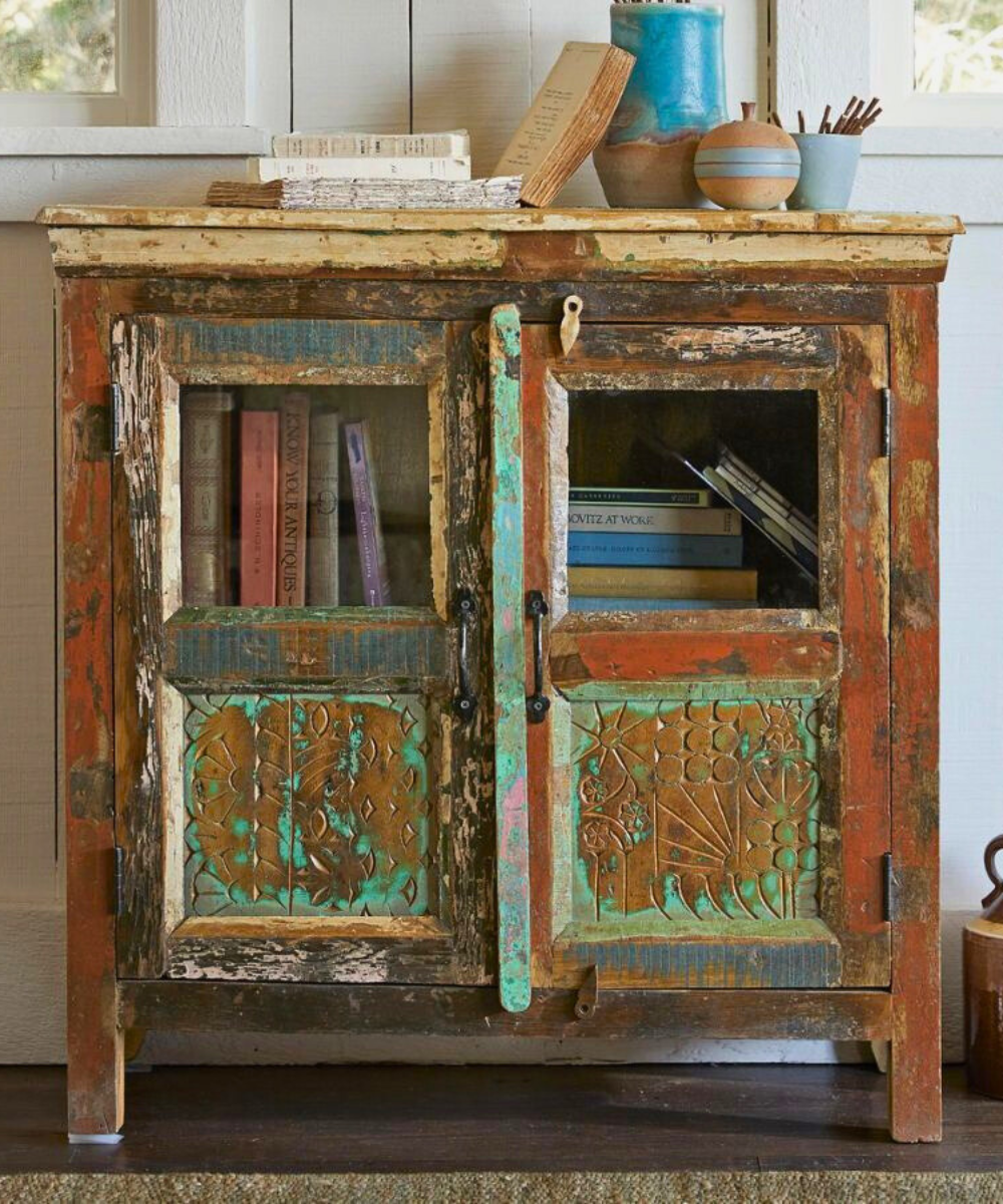 Handcrafted reclaimed wood 2-door cabinet with vintage charm
