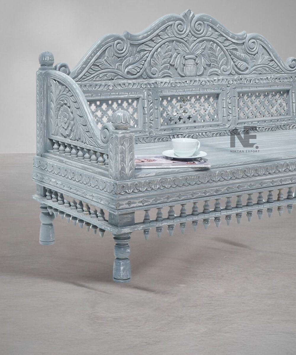 Side angle of traditional Indian divan bench