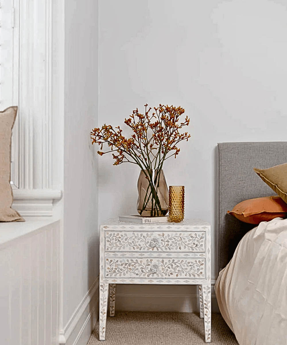 Close-Up of Mother of Pearl Design on Nightstand