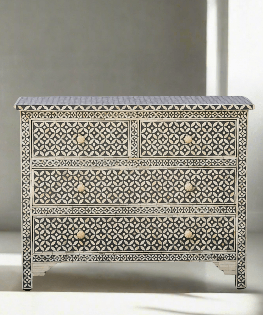 Niktan Export Bone Inlay 4-Drawer Chest of Drawers Grey Geometric Style - NikTan Export
Grey Geometric Bone Inlay 4-Drawer Chest – Full Front View