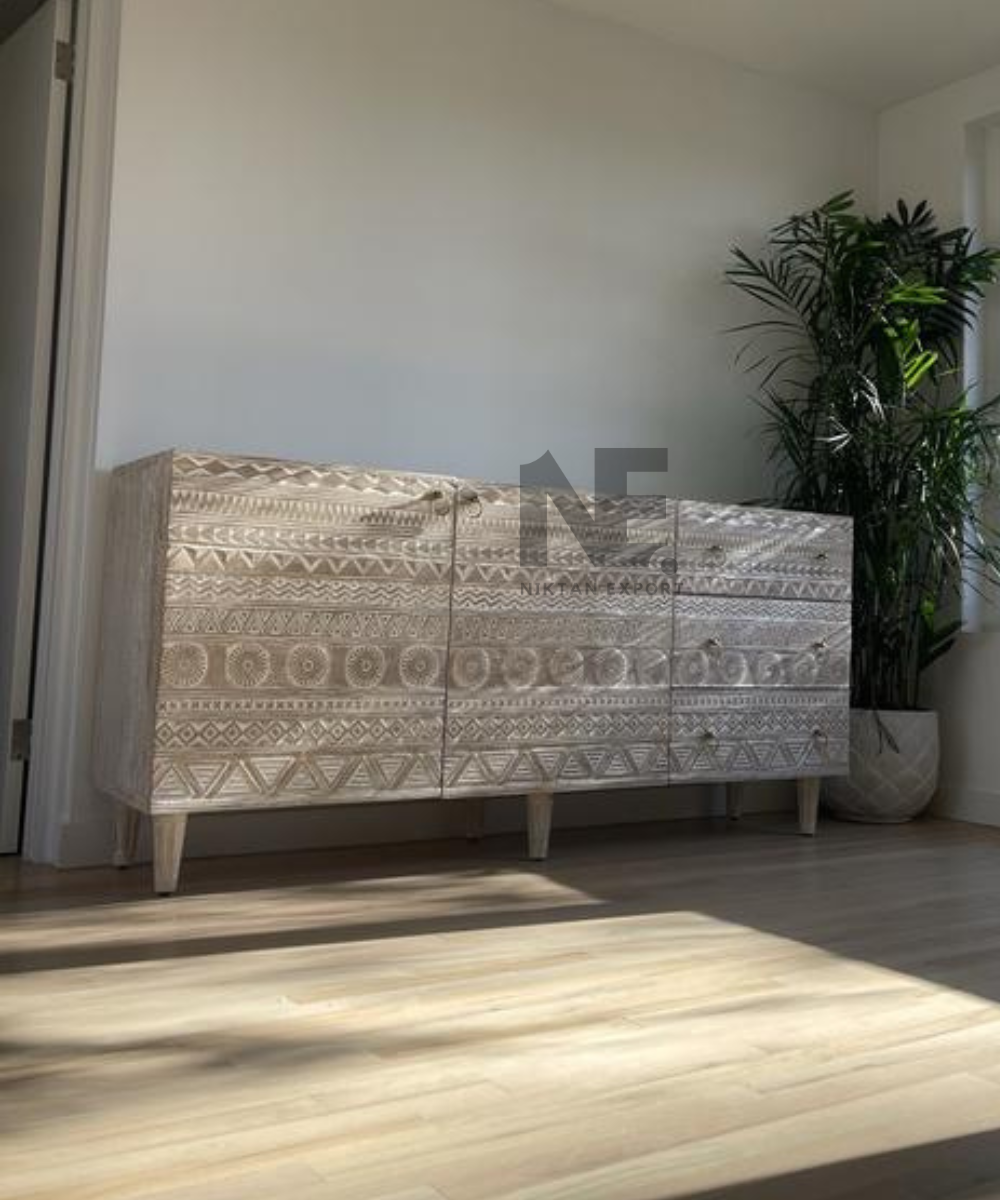 Front view of decorative geometric wooden sideboard