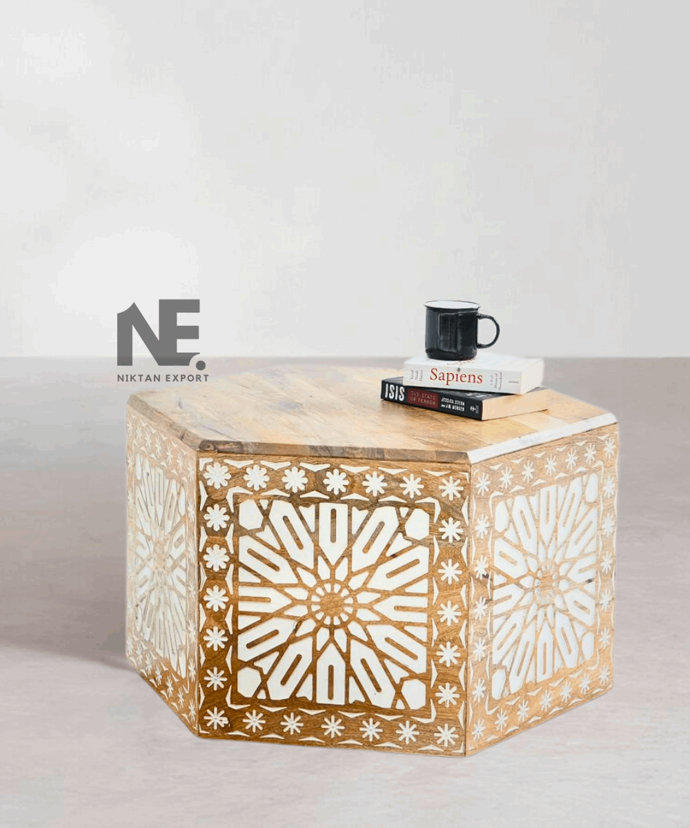 Top view showing the hexagonal shape and carved patterns