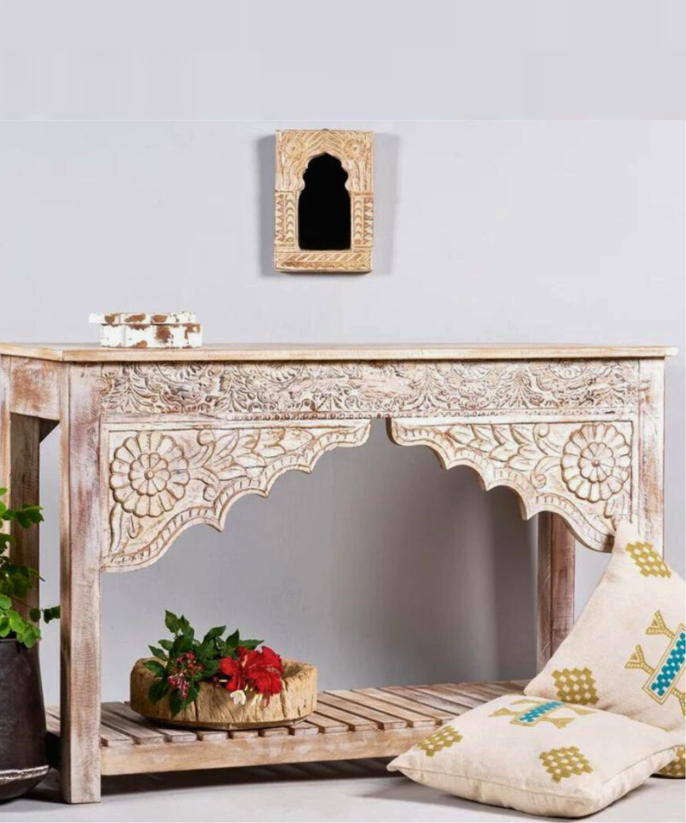 Floral Carvings on Wooden Console Table