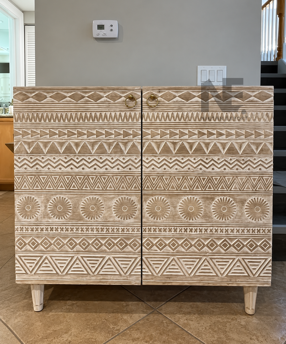 Geometric wooden bar cabinet with whitewashed finish