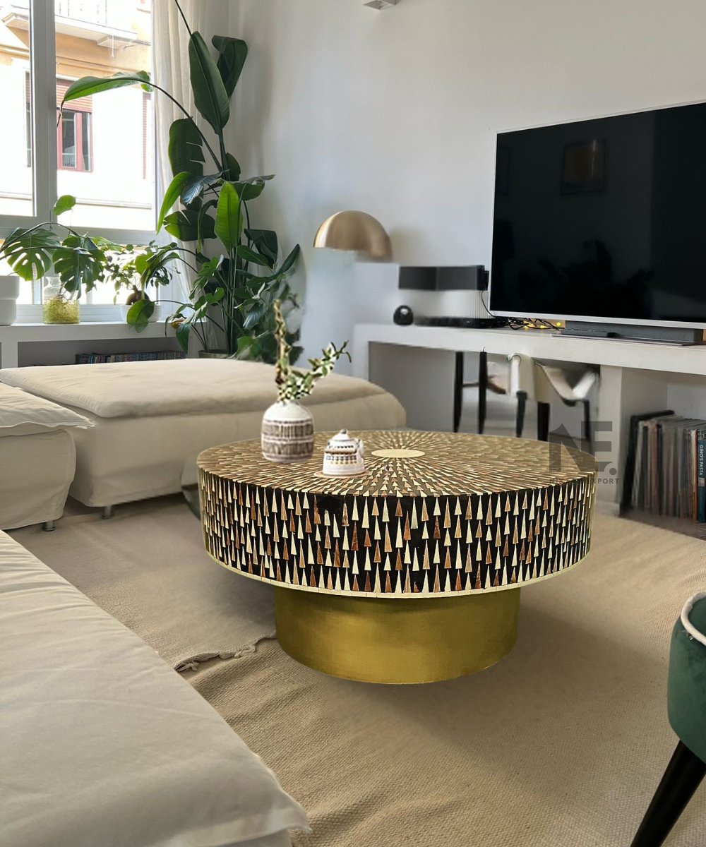 Front view of sun ray bone inlay round coffee table