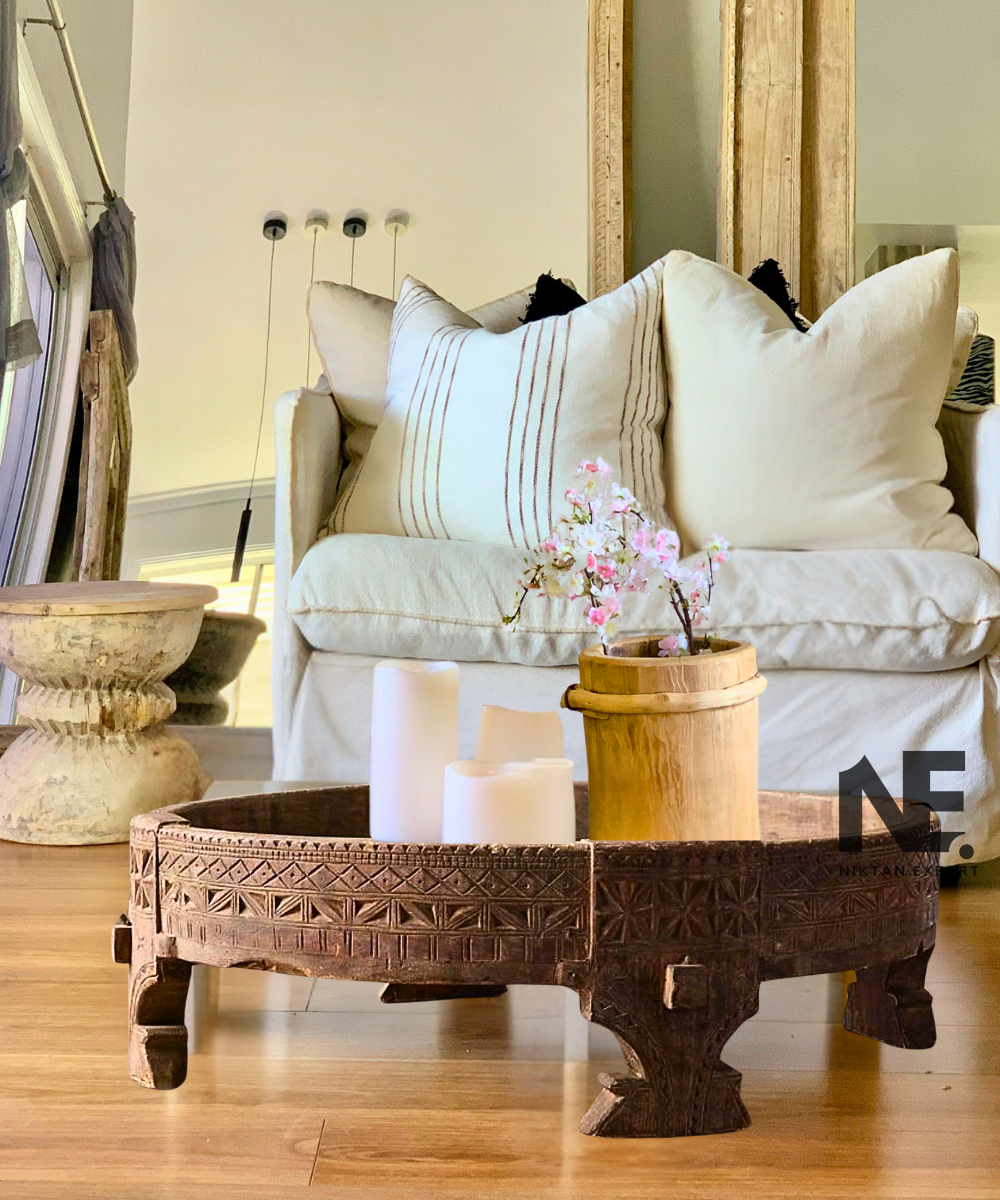 Hand-carved round wooden coffee table – full front view