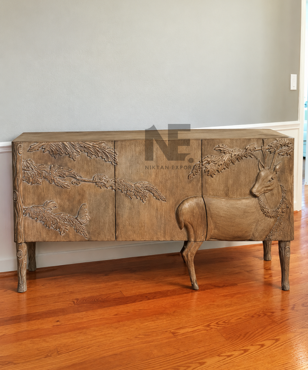 Front view of wooden sideboard with sculpted deer design
