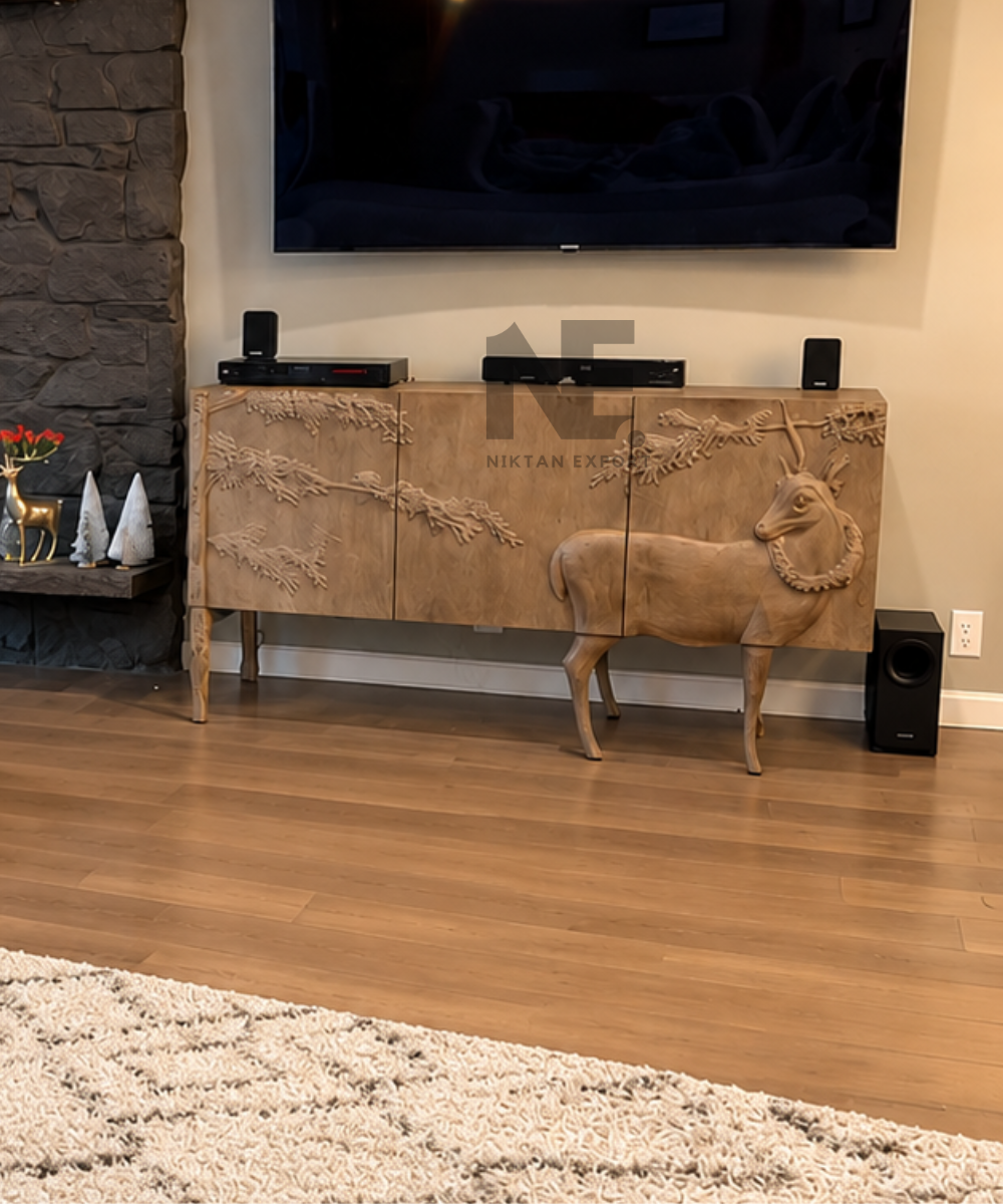 Hand-carved wooden deer sideboard with rustic brown finish