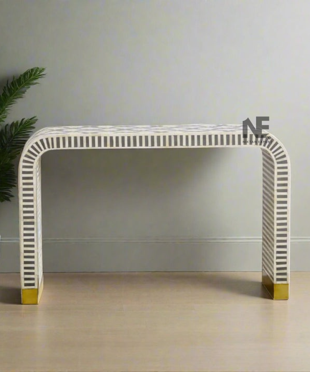 Front view of bone inlay console table with shell pattern design