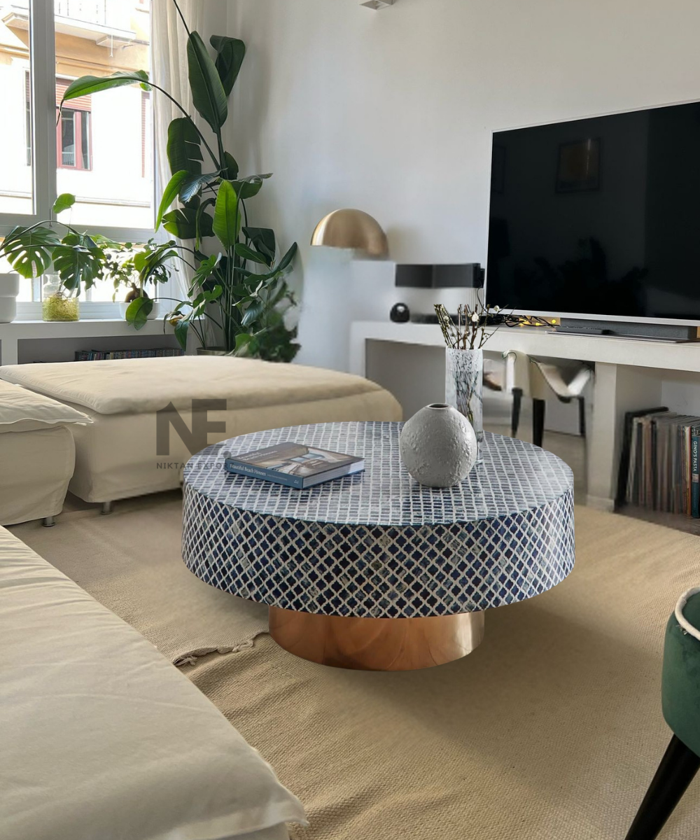 Blue bone inlay round coffee table – front angle