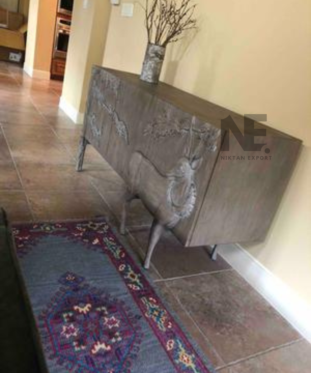 Rustic wooden sideboard with nature-inspired relief