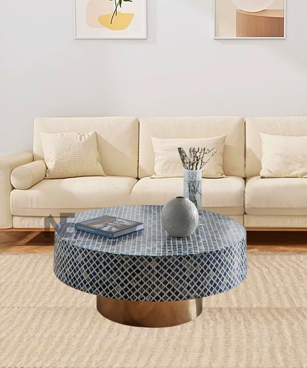 Geometric pattern detail in white inlay on blue surface